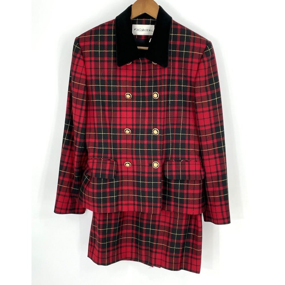 VTG JH Collectibles Womens‎ 10 Skirt Suit Tartan Red Plaid Wool Velvet Collar